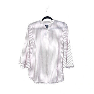 Chaps NWT White Red Stripe Bell Sleeve Button Down Linen Blend Top Small Women’s